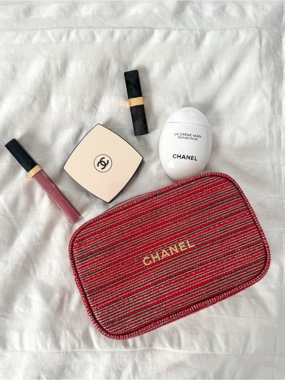 CHANEL Limited Edition Red Tweed Beauty Makeup Cosmetic Pouch Gold Logo
